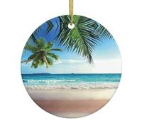 Tropical Palm Tree Hawaii Beach Print Christmas Tree Ceramic Hanging Ornaments,Round Ceramic Decorations,For Home, Christmas