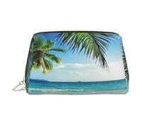 Tropical Palm Tree Hawaii Beach Print Makeup Bag, Cosmetic Bag,Women Pu Leather Cosmetic Bags with Wrist Strap Travel Toiletry Pouch Makeup Bag