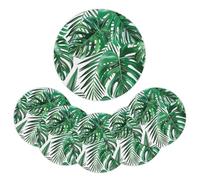 Tropical Palm Tree Leaves Round Placemats and Coasters Set of 6, Jungle Leaf Woven Place Mats Heat Resistant Washable Table Mats for Dining Table Kitchen Home Party Restaurant, 38cm