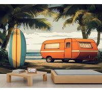 Tropical Palm Tree Murals Beach Camper Mural Surfboard Rv Travel Mural Sea Beach Murals Vacation Island Landscape Wallpaper for Living Room Bedroom 200 x 140 cm