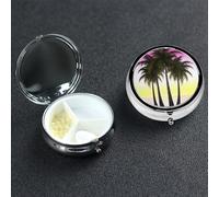 Tropical Palm Tree Pill Box 3 Compartment Round Metal Pill Case for Purse & Pocket, Portable Medicine Organizer Travel Pillbox Daily Pill Container Holder to Hold Vitamins, Fish Oil