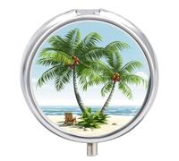 Tropical Palm Tree Pill Case Metal Round Portable Pill Box,Waterproof Travel Pills Organizer Vitamins Medicine Storage Box for Travel Or Daily