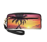 Tropical Palm Tree Printed Makeup Bag for Women Travel PU Leather Cosmetic Bag with Wristlet Toiletry Bag