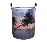 Tropical Palm Tree Round Single-Layer Laundry Hamper With Full Wrap Print, Water-Resistant Polyester Fabric For Home Car Storage