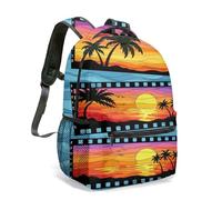 Tropical Palm Tree Sunset Backpack, 40cm Colourful Seascape & Mountain Silhouettes Flat Illustration Beach Bag, Decorative Art Daypack (01)
