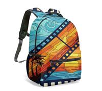 Tropical Palm Tree Sunset Backpack, 40cm Colourful Seascape & Mountain Silhouettes Flat Illustration Beach Bag, Decorative Art Daypack (02)