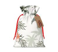Tropical Palm Trees Printed Christmas Drawstring Bags with Red Ribbon - Reusable Burlap Drawstring Gift Pouches, M