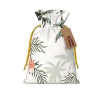 Tropical Palm Trees Printed Christmas Drawstring Bags with Yellow Christmas Ribbon - Reusable Burlap Drawstring Gift Pouches, M