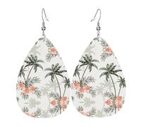 Tropical Palm Trees Printed Dangle Leather Earrings, Reversible Statement Jewelry with Silver Plated Hooks
