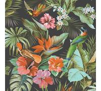 Tropical Paradise Birds Black Multi Wallpaper - Flowers Botanical Leaves Naturistic - Luxury Textured Heavyweight Vinyl