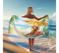 Tropical Paradise Lab Dog Beach Towel Olive Green Fun Summertime Artwork, Quick Dry Absorbent Sand Free Lightweight Beach Blanket, Vacation Pool Camping Essentials 70x35 Inch