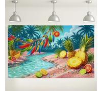 Tropical Paradise Wall Backdrop, Colorful Pineapple and Citrus Fruit Decor, Summer Beach Photography Background for Parties, Luau Theme Decorations 71x43 Inch
