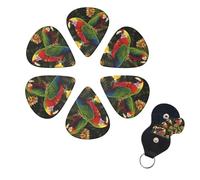 Tropical Parrot Guitar Picks 6 Pack, 0.46mm Thickness Celluloid Bass Pick with Leather Guitar Pick Holder Keychain Abstract Art Pics Plectrum for Acoustic Electric Guitar, Ukulele, Bass