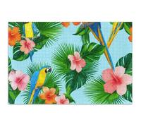 Tropical Parrots Palm Leaves Blue Jigsaw Puzzles 500 Piece for Adults Flower Animal Print Puzzle Fall Scene White Elephant Party Gifts, 20.5x14.9 Inch