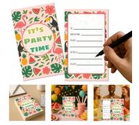 Tropical Party Invitation Cards, Flamingo & Toucan, 20-Card Set | Double-sided cards with labelled TO, DATE & TIME, PLACE, DETAILS and R.S.V.P. spaces; 300 gsm coated paper, 150 x 90 mm.