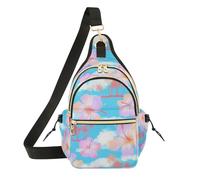 Tropical Pastel Hibiscus Flowers Blue Crossbody Shoulder Bag for Work and Travel, Polyester Sling Bag with Magnetic Front
