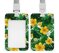Tropical Pattern Green Monstera Leaves Hibiscus ID Badge Holder Retractable Clip Card Holder Card Protector Name Badge Name Tag for Work Office Doctor Nurse