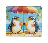 Tropical Penguin Beach Mouse Pad, Fun Summer Vacation Stitched Edge Mousepad, Rubber Non-Slip Washable Desk Mouse Pad for Home and Office Computer, Laptop Square 8x10 Inch