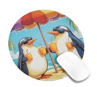 Tropical Penguin Beach Mouse Pad, Fun Summer Vacation Stitched Edge Mousepad, Rubber Non-Slip Washable Desk Mouse Pad for Home and Office Computer, Laptop Round 8x8 Inch