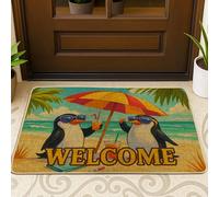 Tropical Penguins Welcome Mat, Colorful Beach Doormat for Summer Outdoor & Indoor Entryway Décor, Non-Slip Waterproof Dust-Absorbent Door Mat, Easy Clean 29x17 Inch