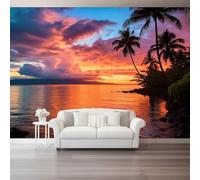 Tropical Photo Wallpaper Nursery 400 X 280 Cm Orange Ocean Palm Trees - Non-Woven Premium Art Print Fleece Wall Mural Decoration Restaurant Hall Living Room Hallway