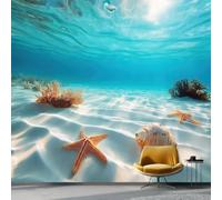 Tropical Photo Wallpaper, Underwater Beach Shells Poster Wall Mural Covering, Light Blue Large Modern Mural Wallpaper for Bedroom Living Room Dormitory Hotel Decoration, 300x210 cm (WxH)