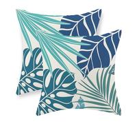 Tropical Pillow Covers 16x16 Set of 2 Navy Blue Aqua Teal Monstera Palm Leaf Pillowcase Summer Decorations Tropical Outdoor Throw Pillows Linen Decor Botanical Plant Cushion Case for Home Bed