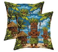Tropical Pillow Covers Set of 2,Colorful Tiki Mask Throw Pillows Case, Summer Outdoor Decorative Square Island Decor Cushion Covers for Home Sofa Bed Couch 16x16 Inch