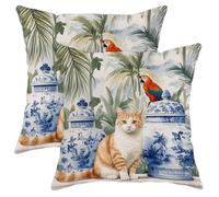 Tropical Pillow Covers Set of 2, Ginger Cat and Parrot Decorative Cushions, Summer Floral Throw Pillow Cases for Home Sofa Bed Couch Decor 20x20 Inch