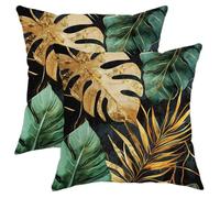 Tropical Pillow Covers Set of 2, Green Gold Decorative Cushions, Summer Floral Throw Pillow Cases for Sofa Bed Couch Home Decor 20x20 Inch
