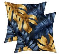 Tropical Pillow Covers Set of 2, Navy Blue and Gold Throw Pillow Cases, Elegant Decorative Square Home Decor for Couch Sofa Bed, Summer Outdoor Accents Cushions 18x18 Inch