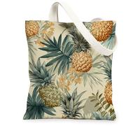 Tropical Pineapple Canvas Tote Bags, Fruit Leaf Pattern Reusable Grocery Bags, Summer Vintage Lightweight Washable Shoulder, Beige, 13x15 Inch