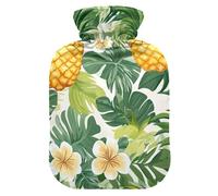 Tropical Pineapple Golden Yellow Green Palm Leaves Flower hot Water Bottles with Soft Cover, 2L hot compresses for The Body for ( Scenario), Period Cramps, bolsas para agua Caliente
