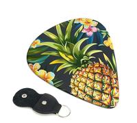 Tropical Pineapple Hawaiian Printed Guitar Picks, 6 Pack with Leather Keychain Pick Holder - 0.46mm, 0.71mm, 0.96mm Assorted Thickness for Acoustic Ukulele, Electric Guitar, Acoustic Guitar, Bass