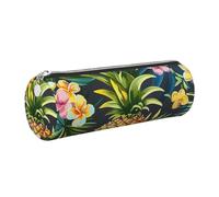 Tropical Pineapple Hawaiian Printed Leather Pencil Case Cute Stationery Organizer Round Makeup Bag Pen Pouch, Silver Zipper