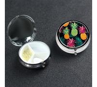 Tropical Pineapple Pill Box 3 Compartment Round Metal Pill Case for Purse & Pocket, Portable Medicine Organizer Travel Pillbox Daily Pill Container Holder to Hold Vitamins, Fish Oil