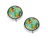 (Tropical Pineapple) Round Pill Box with 3 Compartment Small Pill Organizer Portable Pill Case Vitamin Containers, Travel Essentials 4.6x4.6x1.8 cm
