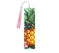 Tropical Pineapple Wooden Bookmarks 5pcs with Pink Tassels Handmade Double-Sided Printed Book Marks Page Markers Book Accessories Gift for Book Lovers Women Men