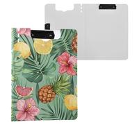 Tropical Pineapples Lemons Pink Hibiscus Flowers Clipboard Two Metal Clips Pen Holder Clip Board with Hard Cover Clipboard Binder Stationery Supplies