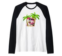 Tropical Pink Flamingo Palm Tree Beach Sunset Summer Raglan Baseball Tee