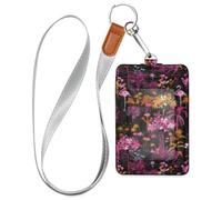 Tropical Pink Flamingos Trees Leather id Badge Holder with Lanyard and 3-Card Capacity id Card Holder for Office School IDs,Hotel Key Cards, Pass Cards