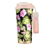 Tropical Pink Flowers and Jungle Palms,316 Stainless Steel Coffee Mug with Lanyard,Insulated Tumbler Double Wall Travel Car Cup 500 ml