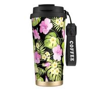 Tropical Pink Flowers and Jungle Palms,316 Stainless Steel Coffee Mug with Lanyard,Insulated Tumbler Double Wall Travel Car Cup 500 ml