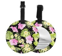 Tropical Pink Flowers and Jungle Palms,Luggage Tags Pu Leather Name Tag Travel Suitcase Identifier ID Tags Durable Baggage Label 2 pcs