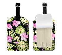 Tropical Pink Flowers and Jungle Palms,Luggage Tags Pu Leather Name Tag Travel Suitcase Identifier ID Tags Durable Baggage Label 2 pcs
