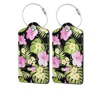 Tropical Pink Flowers and Jungle Palms,Luggage Tags Pu Leather Name Tag Travel Suitcase Identifier ID Tags Durable Luggage Label 2 pcs