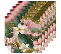 Tropical Pink White Flowers Banana Leaves Cloth Napkins Set of 6, Square Premium Reusable Washable Polyester Table Linen Napkin for Dinner Party