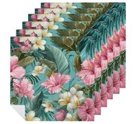 Tropical Pink White Flowers on Turquoise Cloth Napkins Set of 6, Square Premium Reusable Washable Polyester Table Linen Napkin for Dinner Party