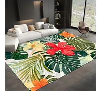 Tropical Plant Floral Indoor Carpets, 70x140cm, Green Palm Leaf Monstera Floor Rugs, Low Pile Easy Clean Large Rug, Shed Resistant Pet Friendly High Traffic Carpet for Dining Room Hallway