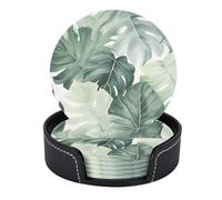 Tropical Plant Green Palm Leaf Pattern Set of 6 Table Coasters Modern PU Cup Coasters for Drinks, Coaster Set,4 Inches